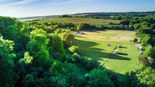 An overview of Wild Heart Hill campsite. Lush trees and open fields.